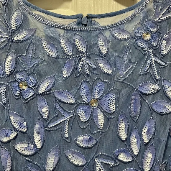 Beautiful Adrianna Papell Blue Dress with Floral Beaded & Sequins Embroidery - Picture 6 of 15
